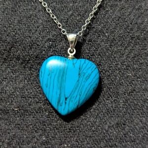 Silver Tone Blue Faux Turquoise Gemstone Heart Dainty Pendant Statement Necklace